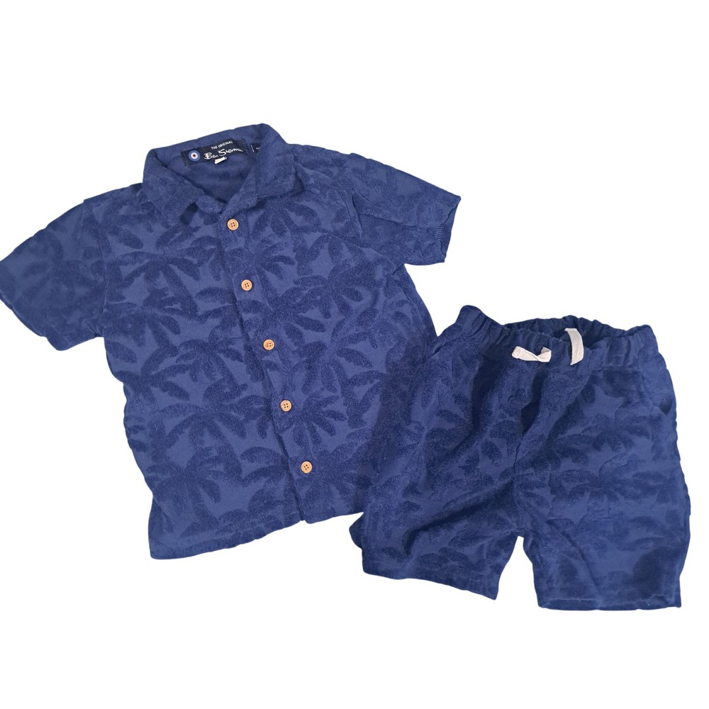 Ben Sherman Toddler‎ Boys Navy Terry Cloth Palm Tree Cabana Shirt Shorts Set 24M